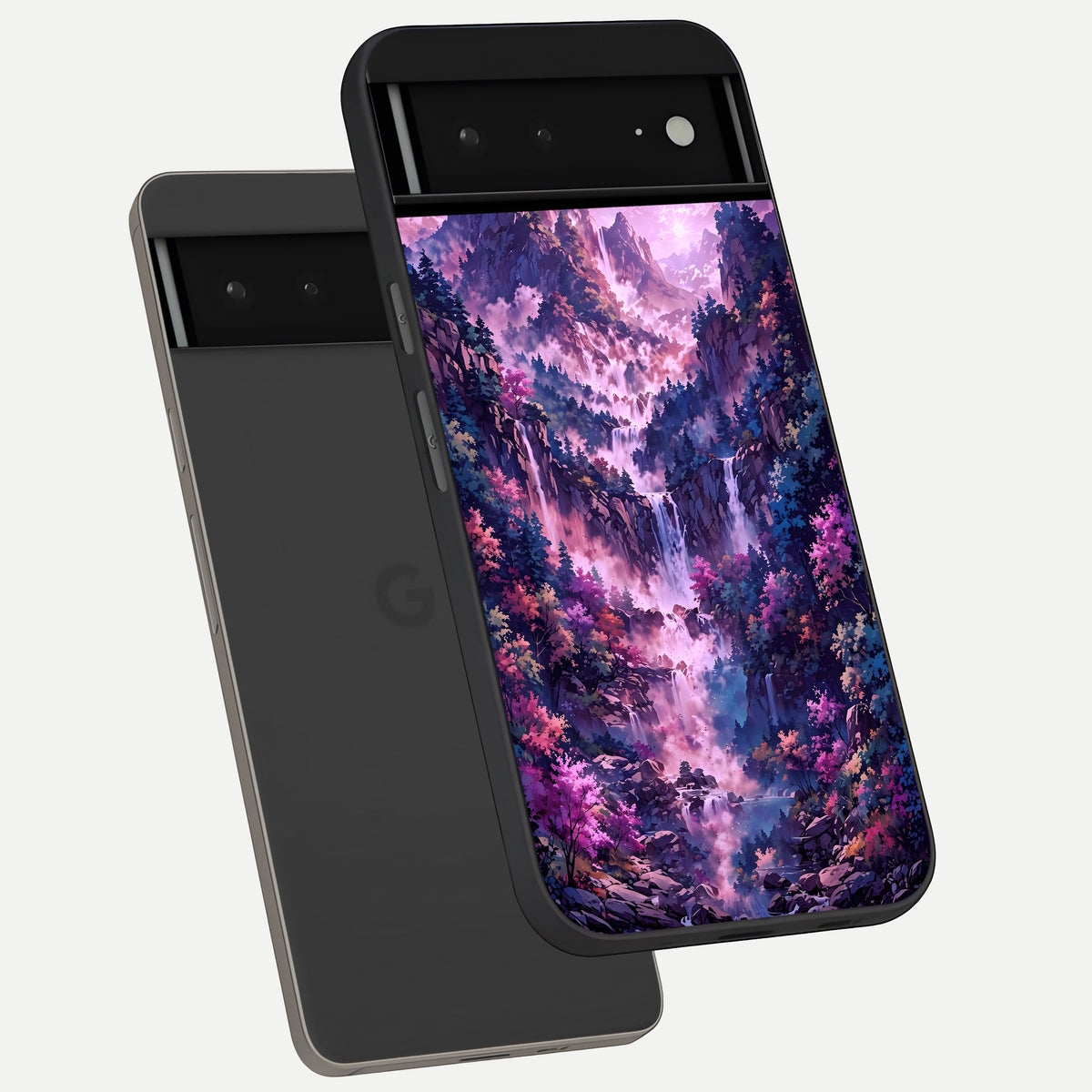  Mystic Cascade Peaks phone case For Google Pixel 6A showing premium glass back cover with detailed artwork