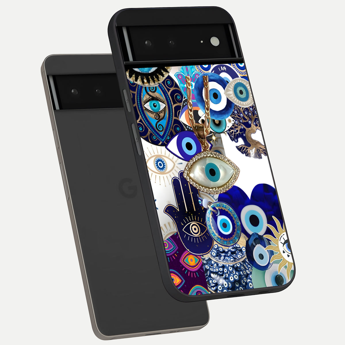  Mystic Charm Eye phone case For Google Pixel 6A showing premium glass back cover with detailed artwork