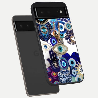  Mystic Charm Eye phone case For Google Pixel 6A showing premium glass back cover with detailed artwork
