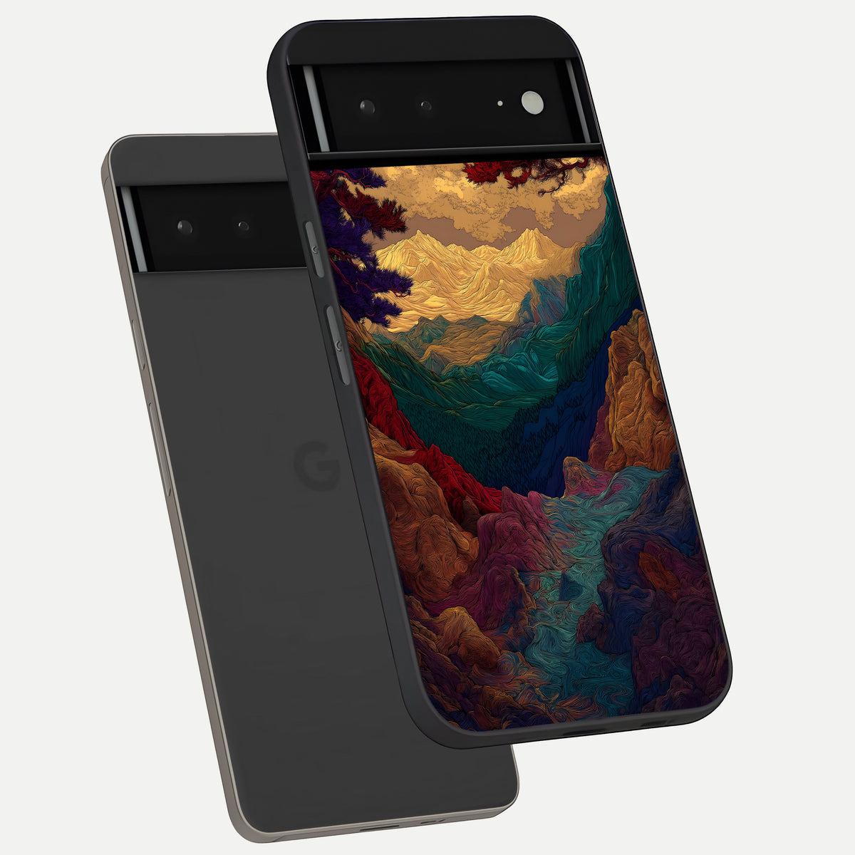  Mystic Valley Light phone case For Google Pixel 6A showing premium glass back cover with detailed artwork