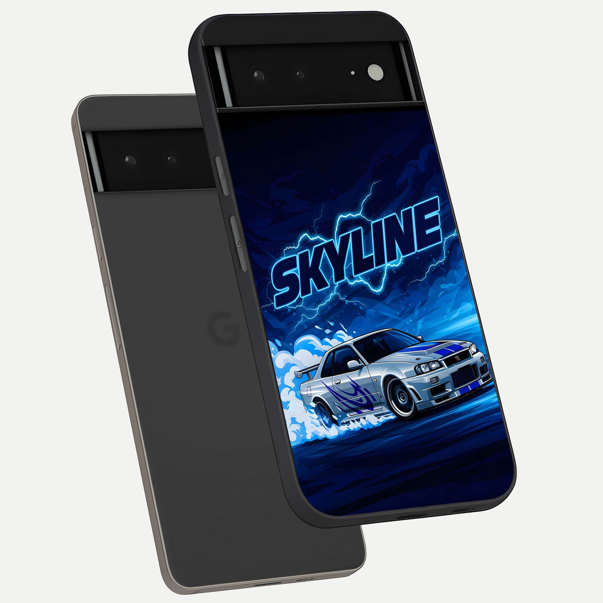  Neon Drift Beast phone case For Google Pixel 6A showing premium glass back cover with detailed artwork