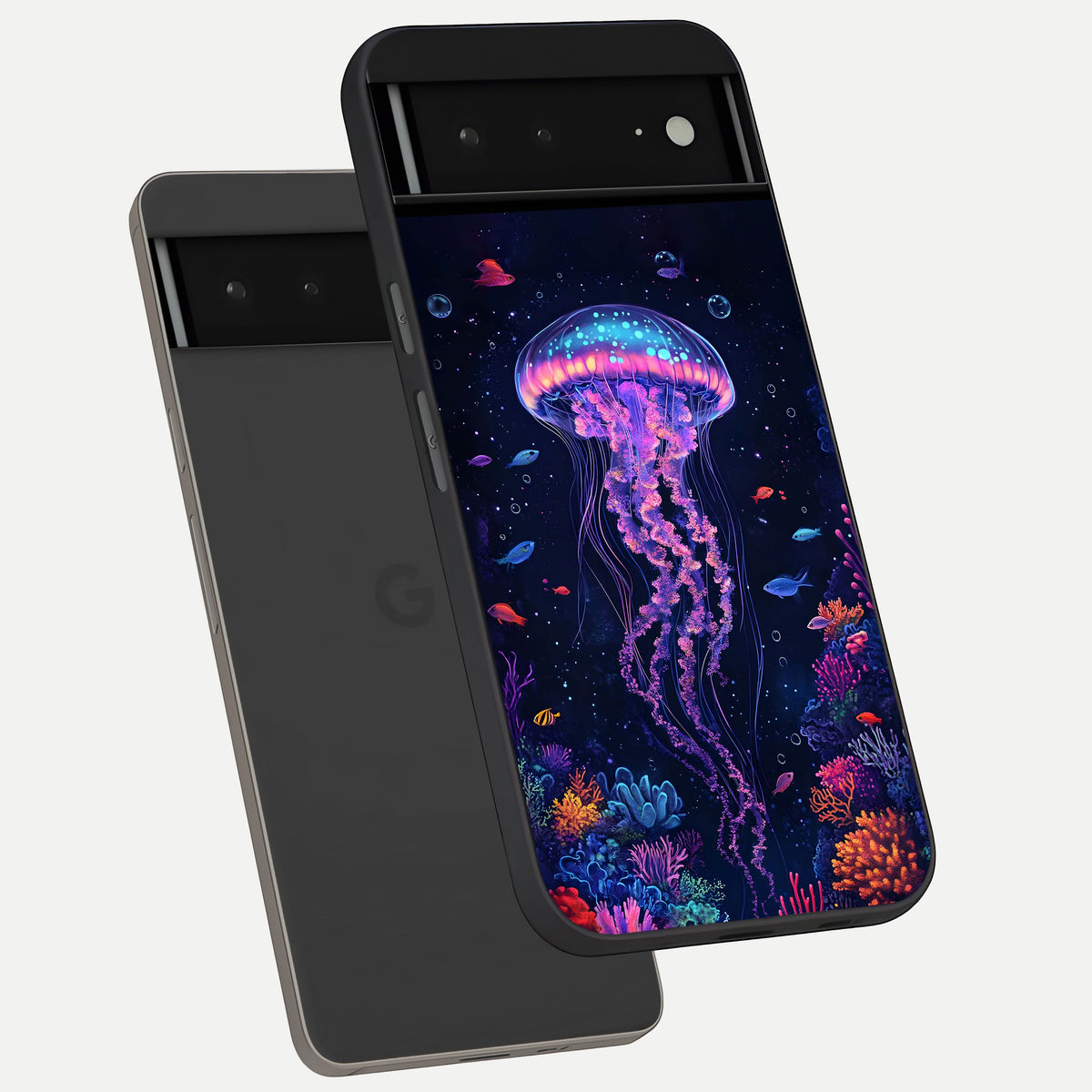  Neon Jellyfish phone case For Google Pixel 6A showing premium glass back cover with detailed artwork
