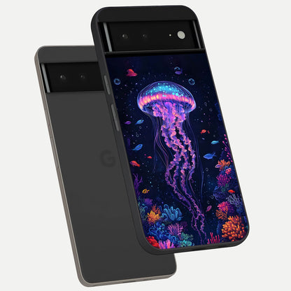  Neon Jellyfish phone case For Google Pixel 6A showing premium glass back cover with detailed artwork