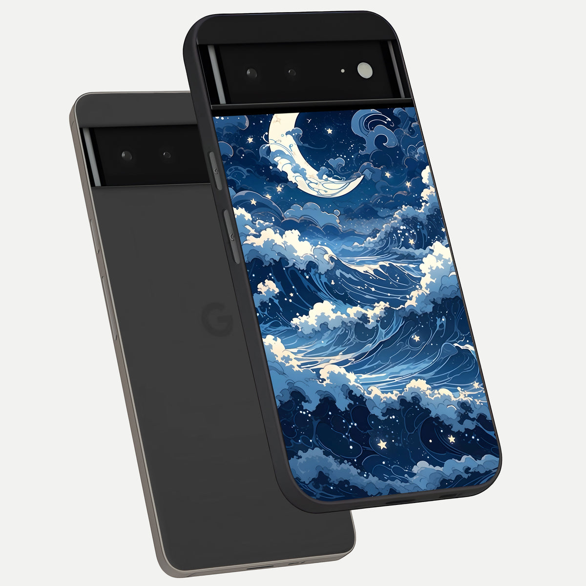  Ocean Moon Waves phone case For Google Pixel 6A showing premium glass back cover with detailed artwork