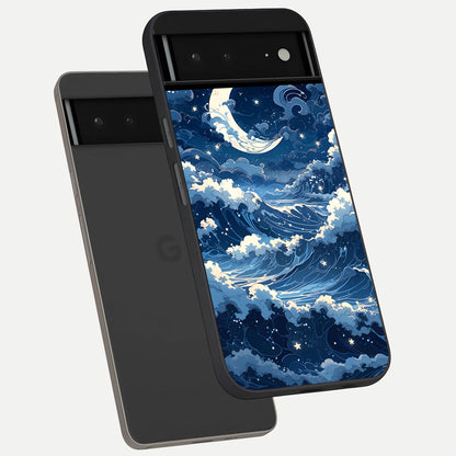  Ocean Moon Waves phone case For Google Pixel 6A showing premium glass back cover with detailed artwork