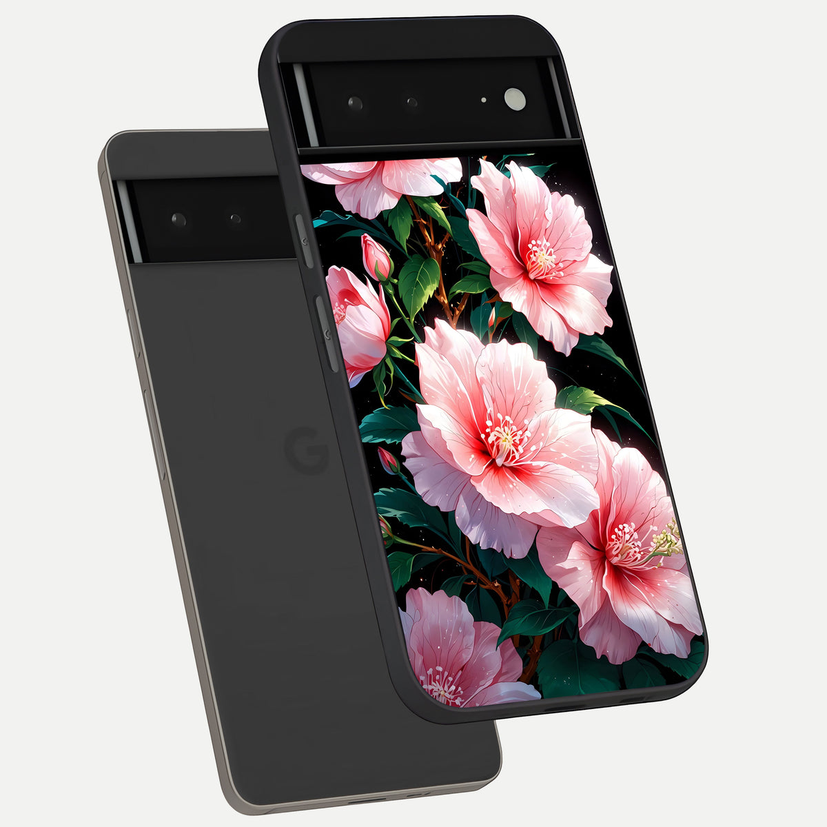  Peach Flower phone case For Google Pixel 6A showing premium glass back cover with detailed artwork