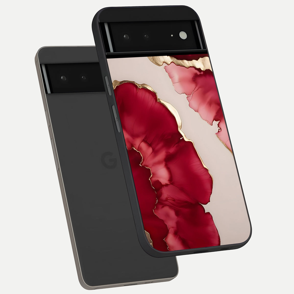 Pink And White Marble phone case For Google Pixel 6A showing premium glass back cover with detailed artwork