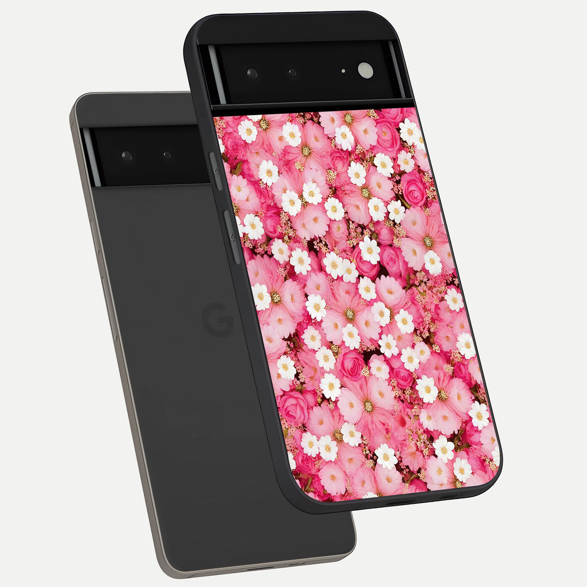  Pink Daisy Bliss phone case For Google Pixel 6A showing premium glass back cover with detailed artwork