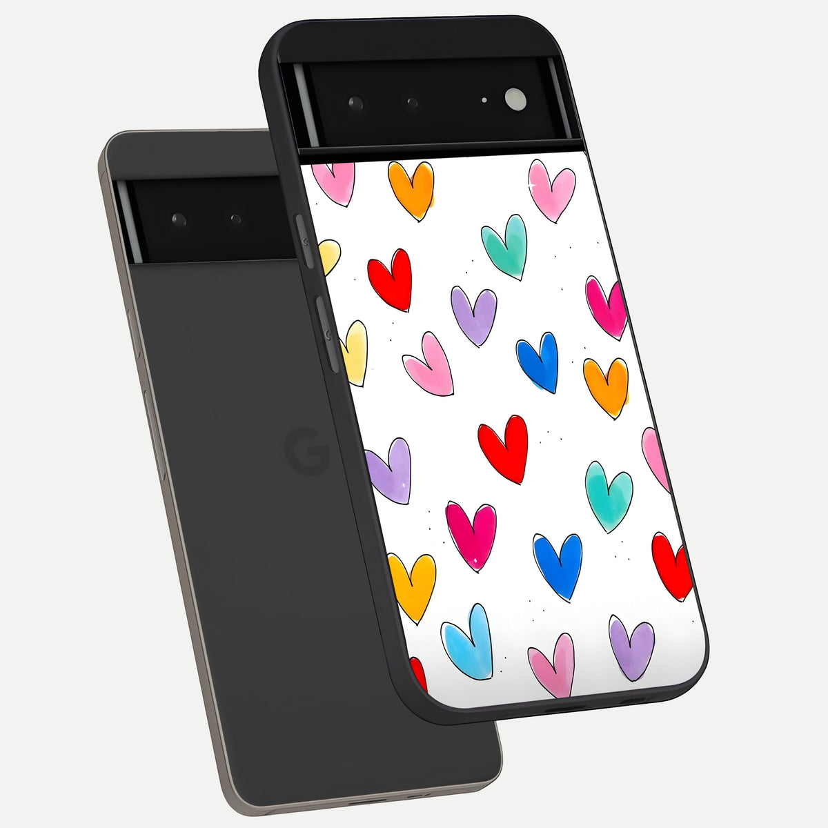  Playful Love Doodles phone case For Google Pixel 6A showing premium glass back cover with detailed artwork