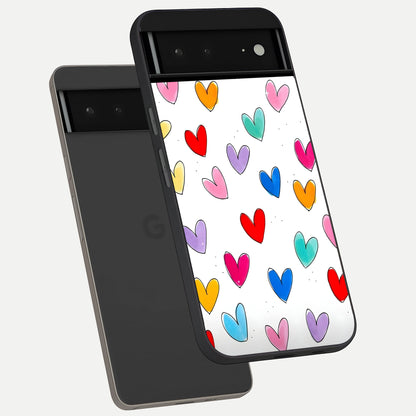  Playful Love Doodles phone case For Google Pixel 6A showing premium glass back cover with detailed artwork