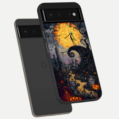  Pumpkin Moon Night phone case For Google Pixel 6A showing premium glass back cover with detailed artwork