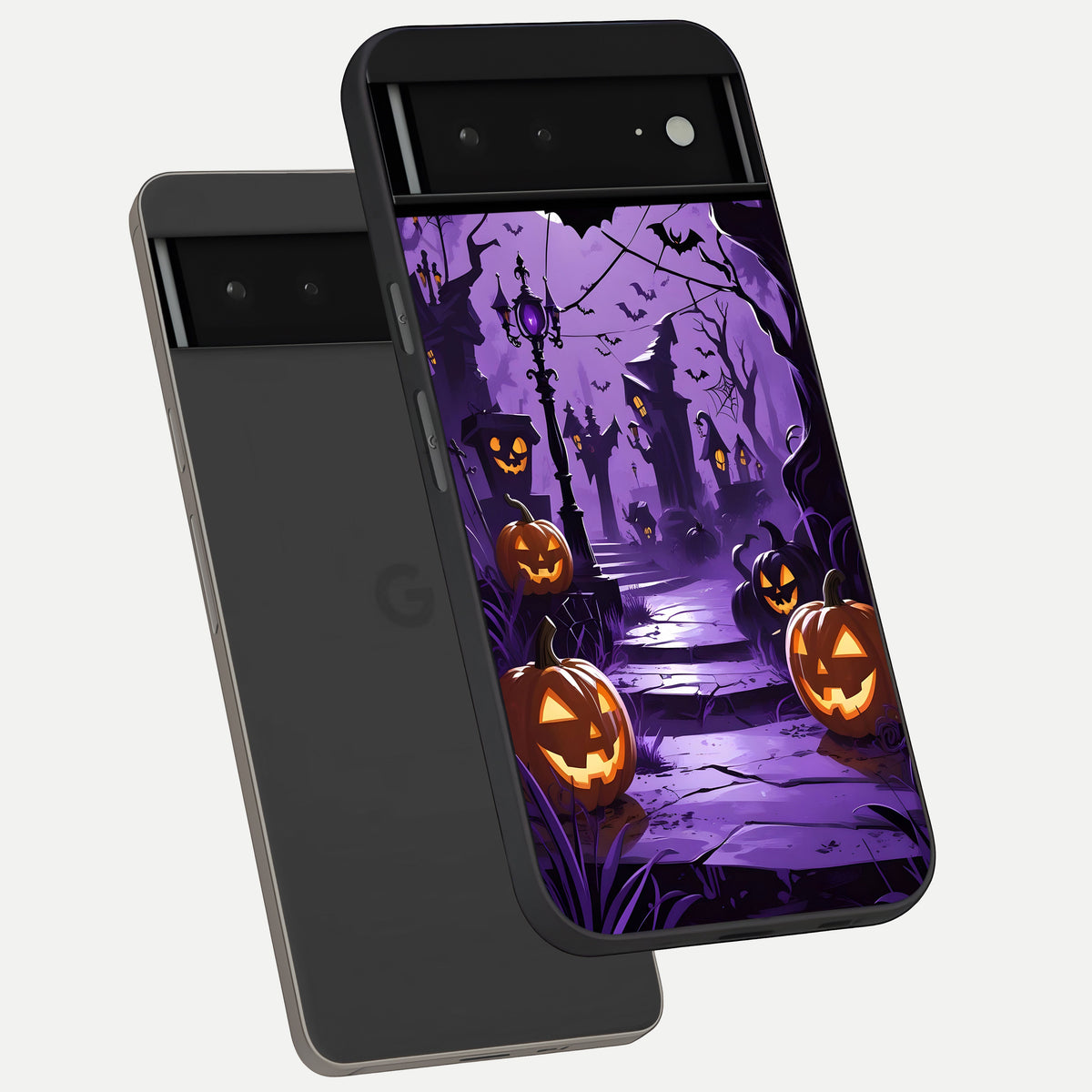  Pumpkin Patch Halloween phone case For Google Pixel 6A showing premium glass back cover with detailed artwork
