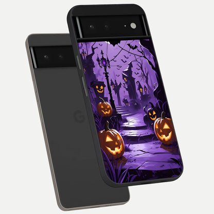  Pumpkin Patch Halloween phone case For Google Pixel 6A showing premium glass back cover with detailed artwork