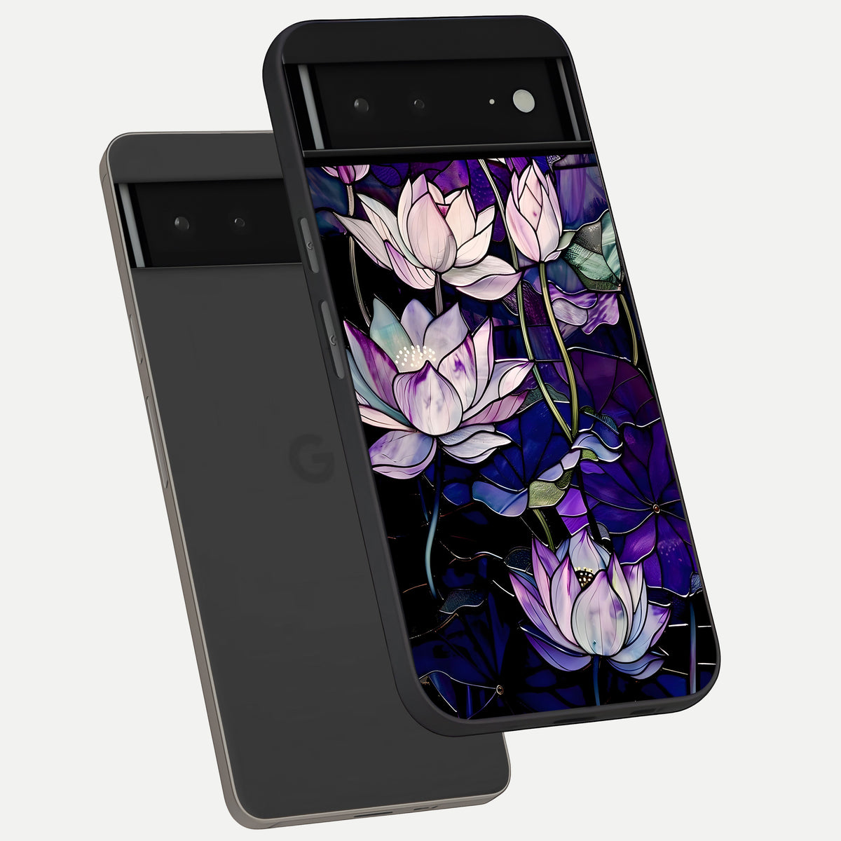  Purple Lotus Pattern phone case For Google Pixel 6A showing premium glass back cover with detailed artwork