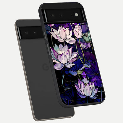 Purple Lotus Pattern phone case For Google Pixel 6A showing premium glass back cover with detailed artwork