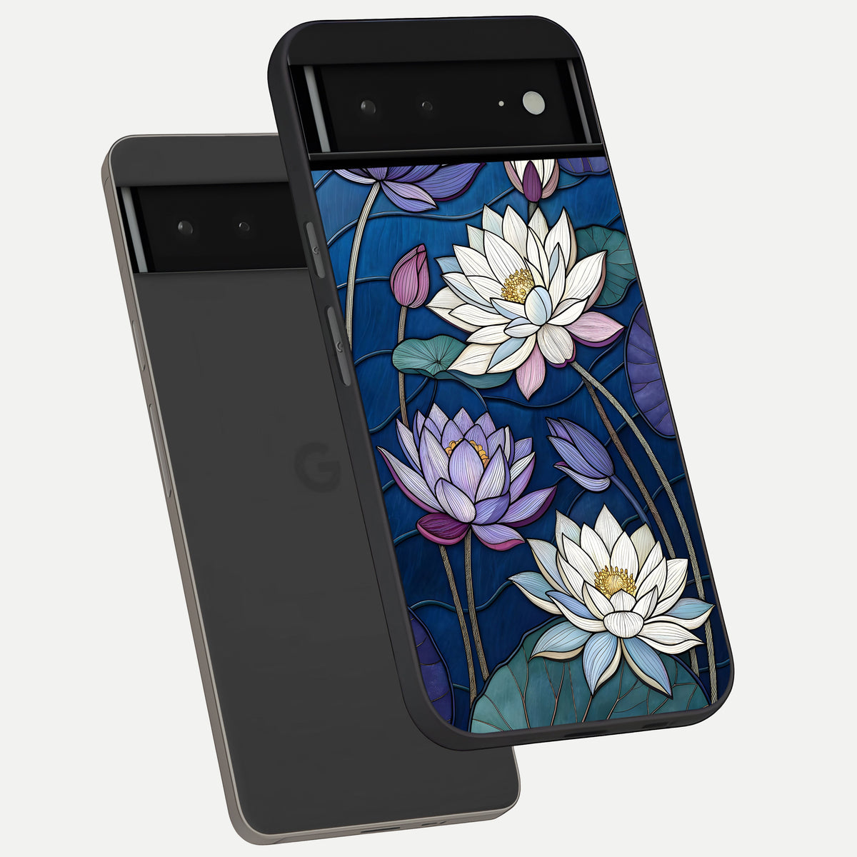  Purple Lotus Stained phone case For Google Pixel 6A showing premium glass back cover with detailed artwork