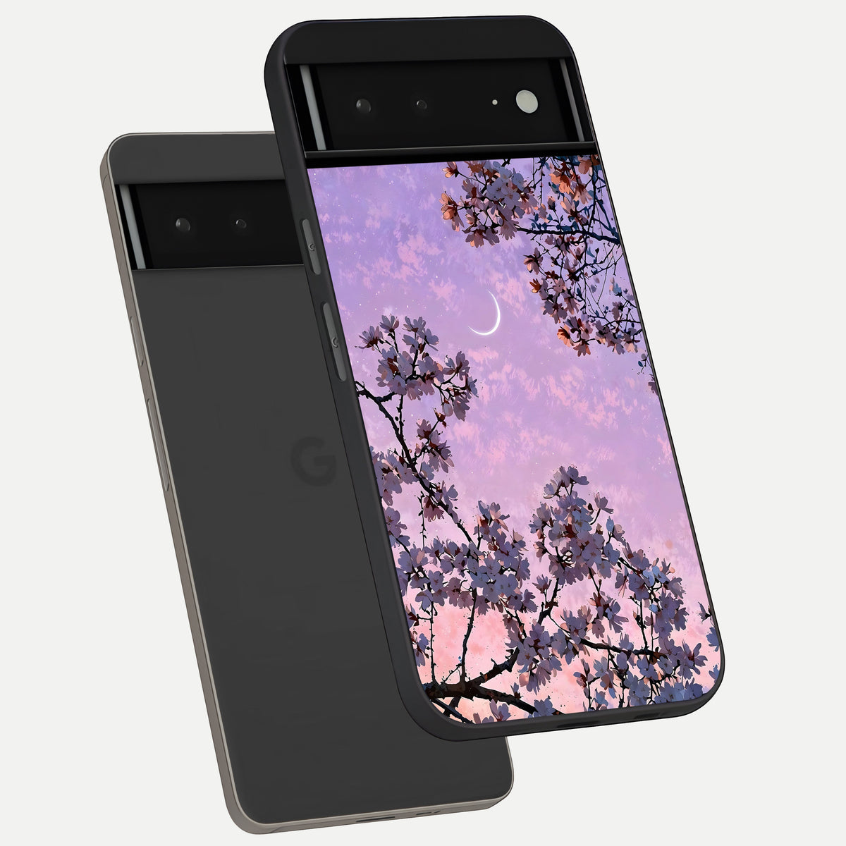  Purple Serenity Moon phone case For Google Pixel 6A showing premium glass back cover with detailed artwork
