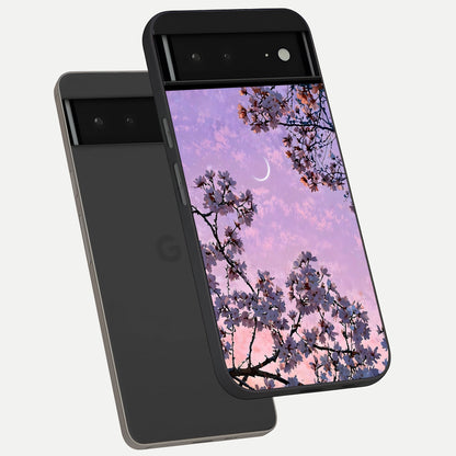  Purple Serenity Moon phone case For Google Pixel 6A showing premium glass back cover with detailed artwork