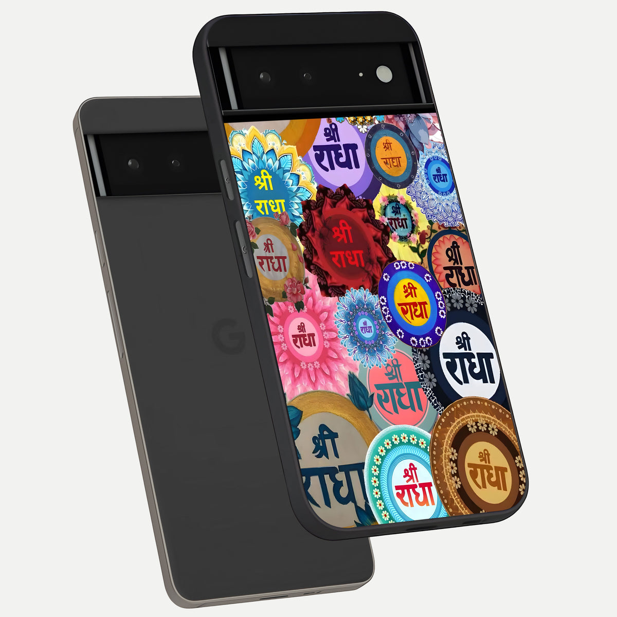  Radha Divine Bloom phone case For Google Pixel 6A showing premium glass back cover with detailed artwork