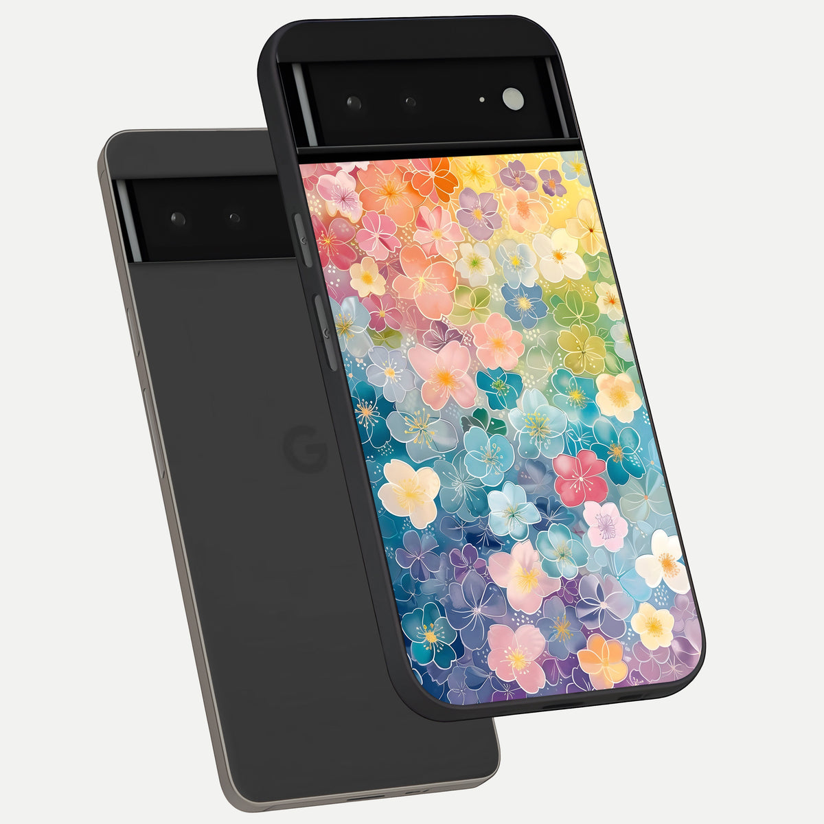  Rainbow Blossom Burst phone case For Google Pixel 6A showing premium glass back cover with detailed artwork