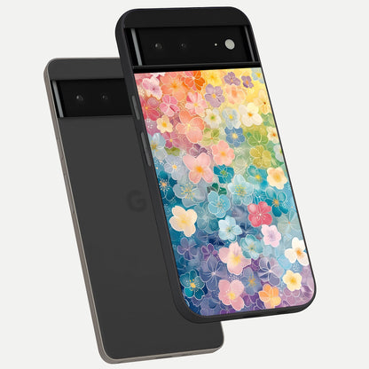  Rainbow Blossom Burst phone case For Google Pixel 6A showing premium glass back cover with detailed artwork