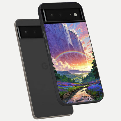  Rainbow Valley Dream phone case For Google Pixel 6A showing premium glass back cover with detailed artwork