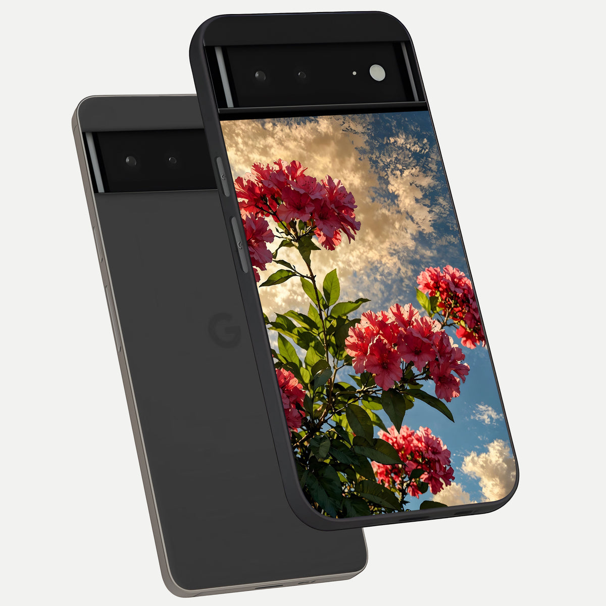  Red Bloom Skies phone case For Google Pixel 6A showing premium glass back cover with detailed artwork