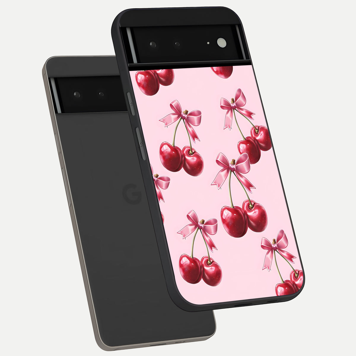  Red Cherries Pattern phone case For Google Pixel 6A showing premium glass back cover with detailed artwork