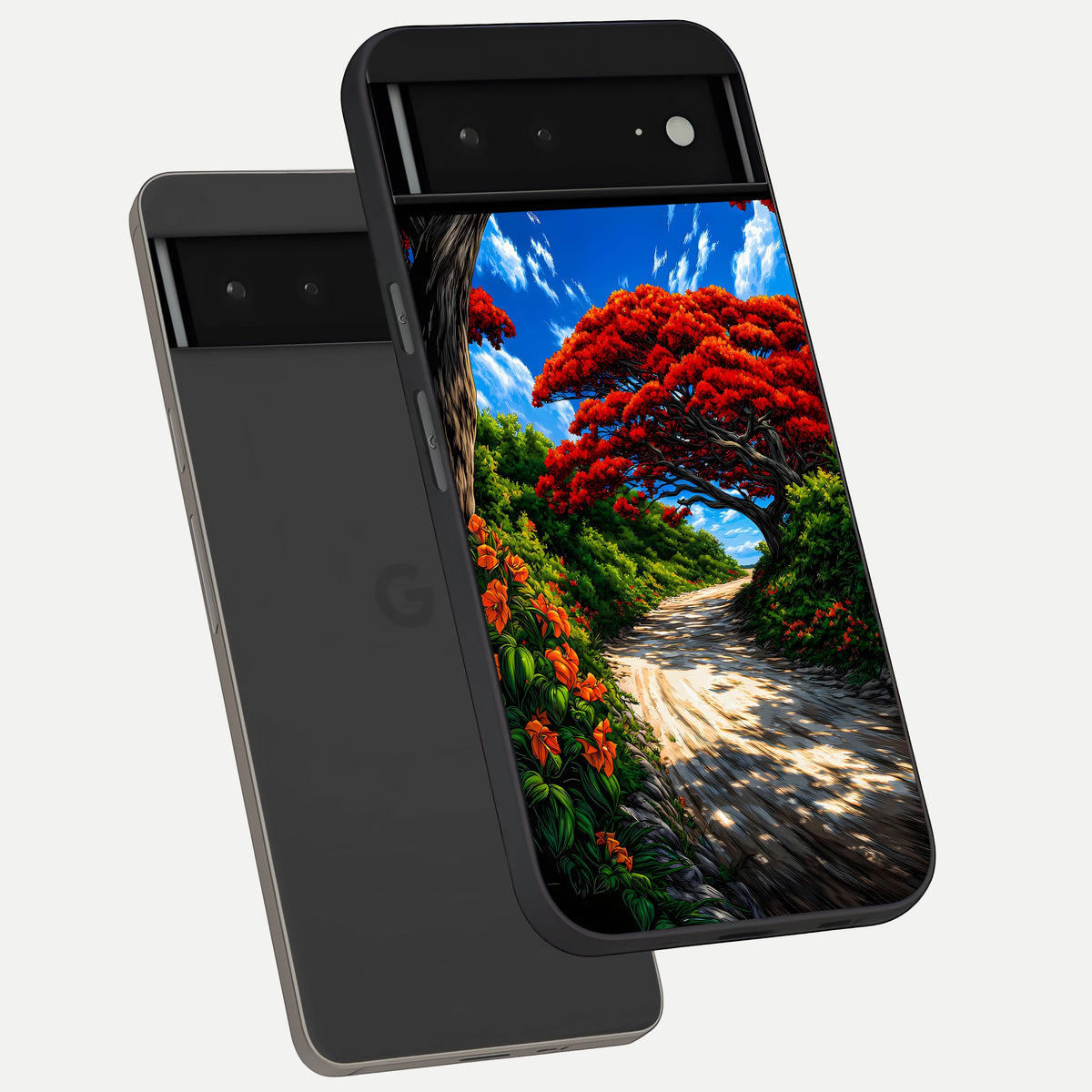  Red Trees Pathway phone case For Google Pixel 6A showing premium glass back cover with detailed artwork