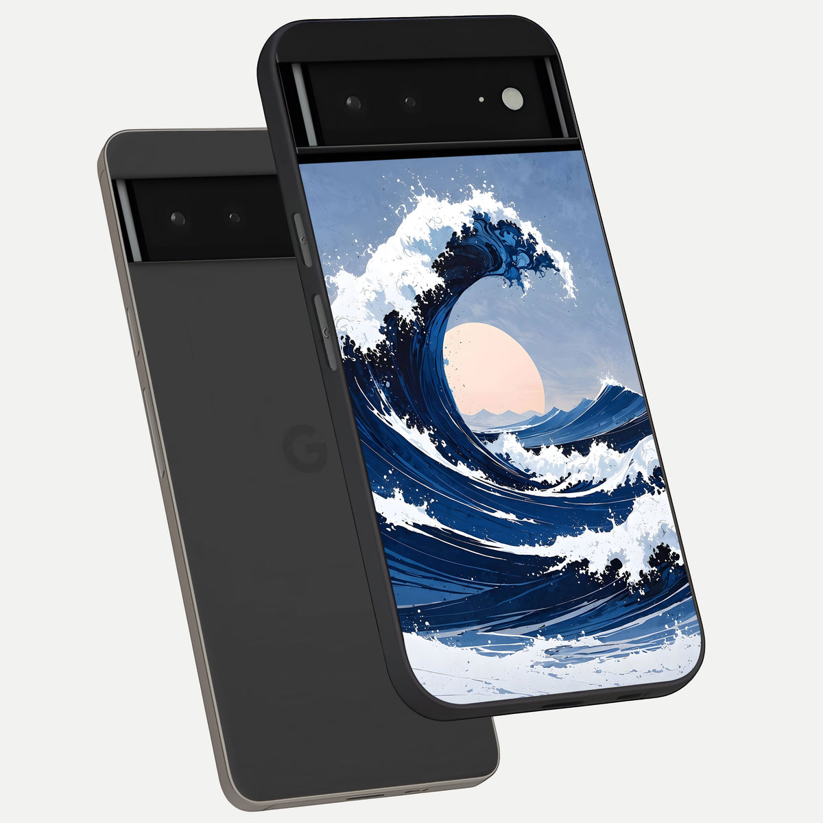  Rising Tide Power phone case For Google Pixel 6A showing premium glass back cover with detailed artwork