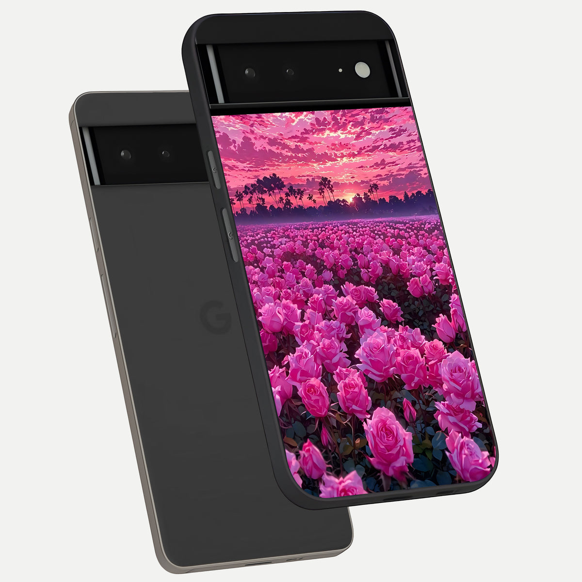  Rose Sunset Valley phone case For Google Pixel 6A showing premium glass back cover with detailed artwork