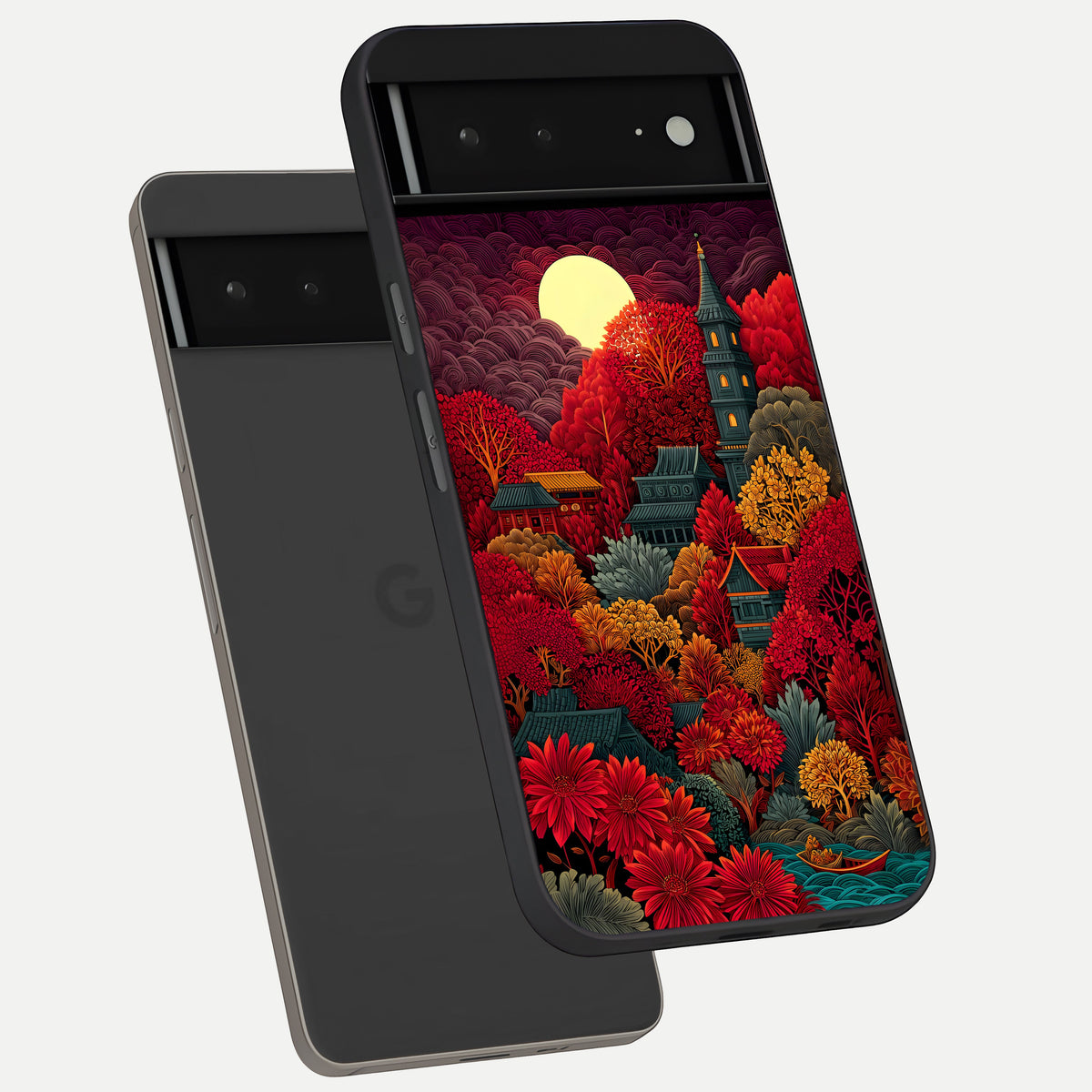  Scarlet Autumn Temple phone case For Google Pixel 6A showing premium glass back cover with detailed artwork