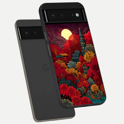  Scarlet Autumn Temple phone case For Google Pixel 6A showing premium glass back cover with detailed artwork