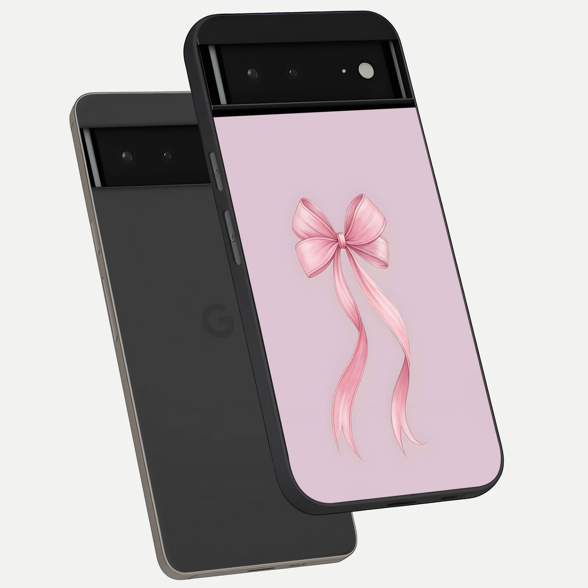  Soft Blush Bow phone case For Google Pixel 6A showing premium glass back cover with detailed artwork