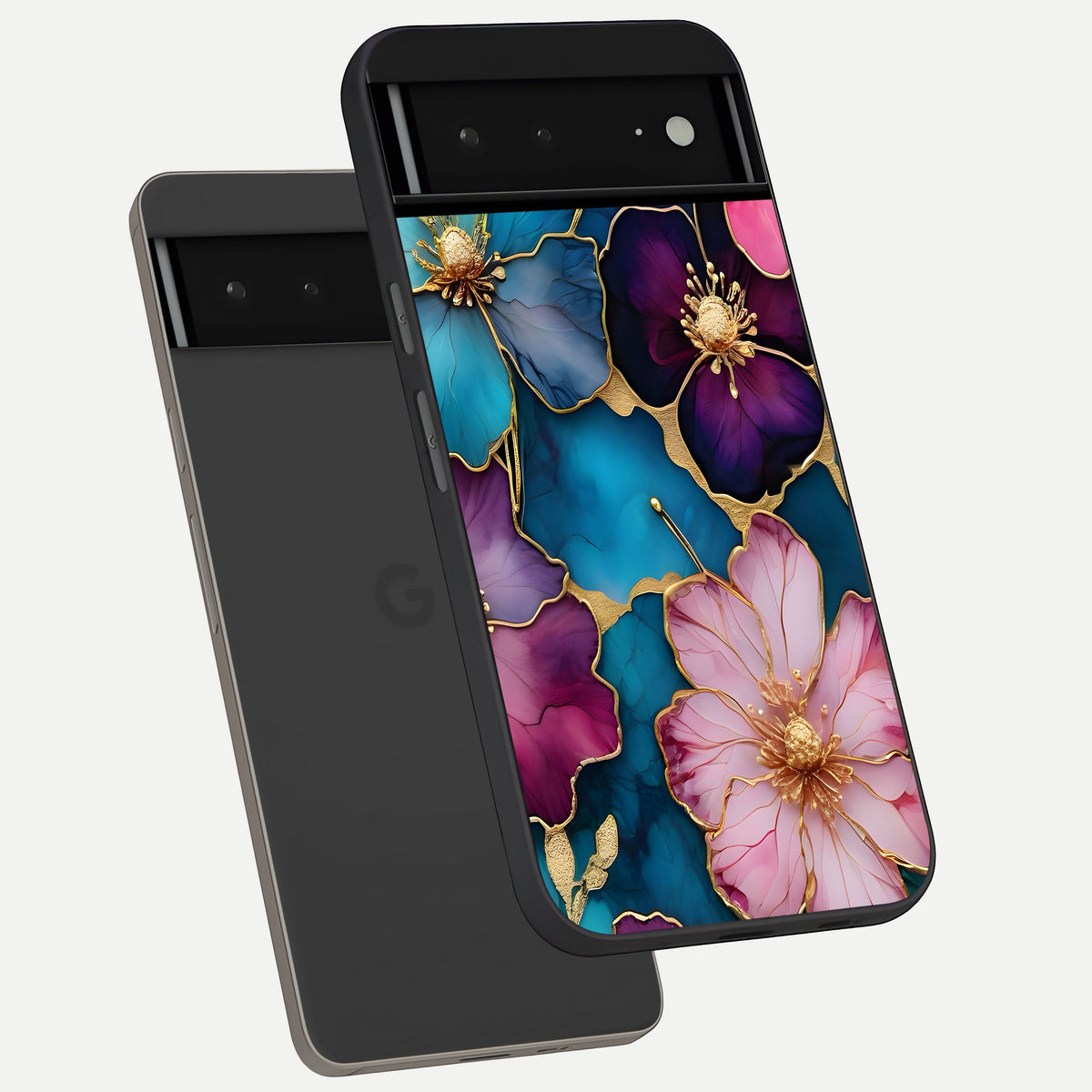  Sparkle Floral phone case For Google Pixel 6A showing premium glass back cover with detailed artwork