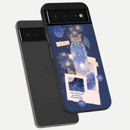  Starlit Cosmic Jar phone case For Google Pixel 6A showing premium glass back cover with detailed artwork