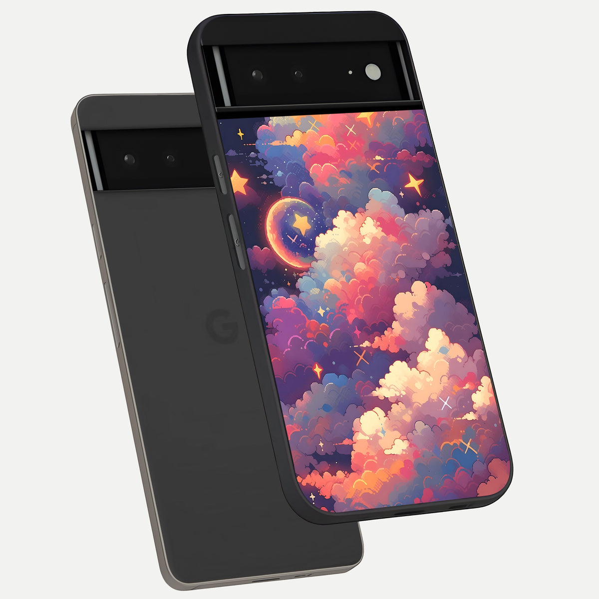  Starlit Dream Clouds phone case For Google Pixel 6A showing premium glass back cover with detailed artwork