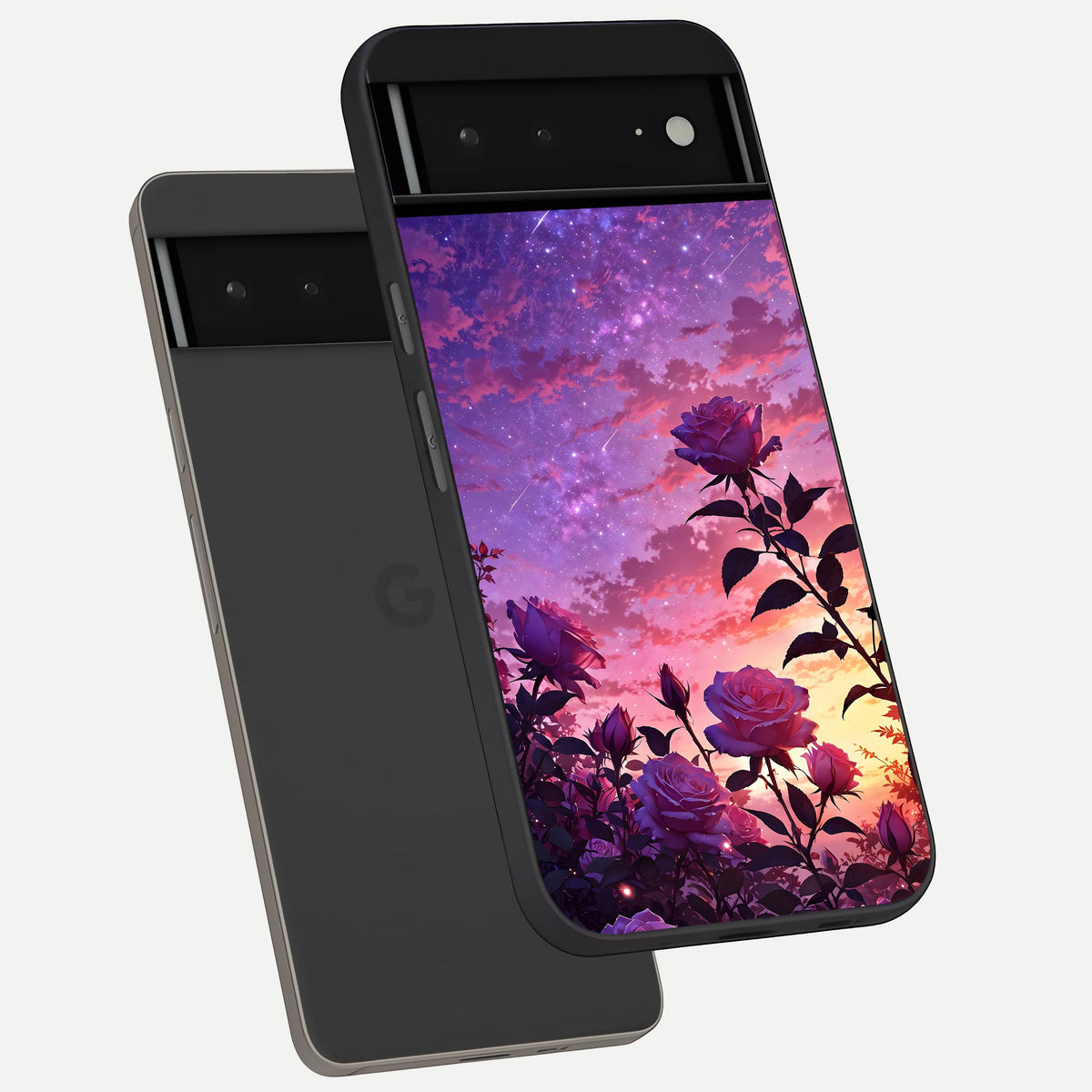  Starlit Rose Twilight phone case For Google Pixel 6A showing premium glass back cover with detailed artwork