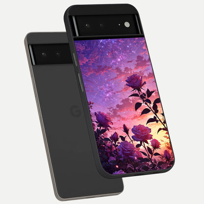 Starlit Rose Twilight phone case For Google Pixel 6A showing premium glass back cover with detailed artwork