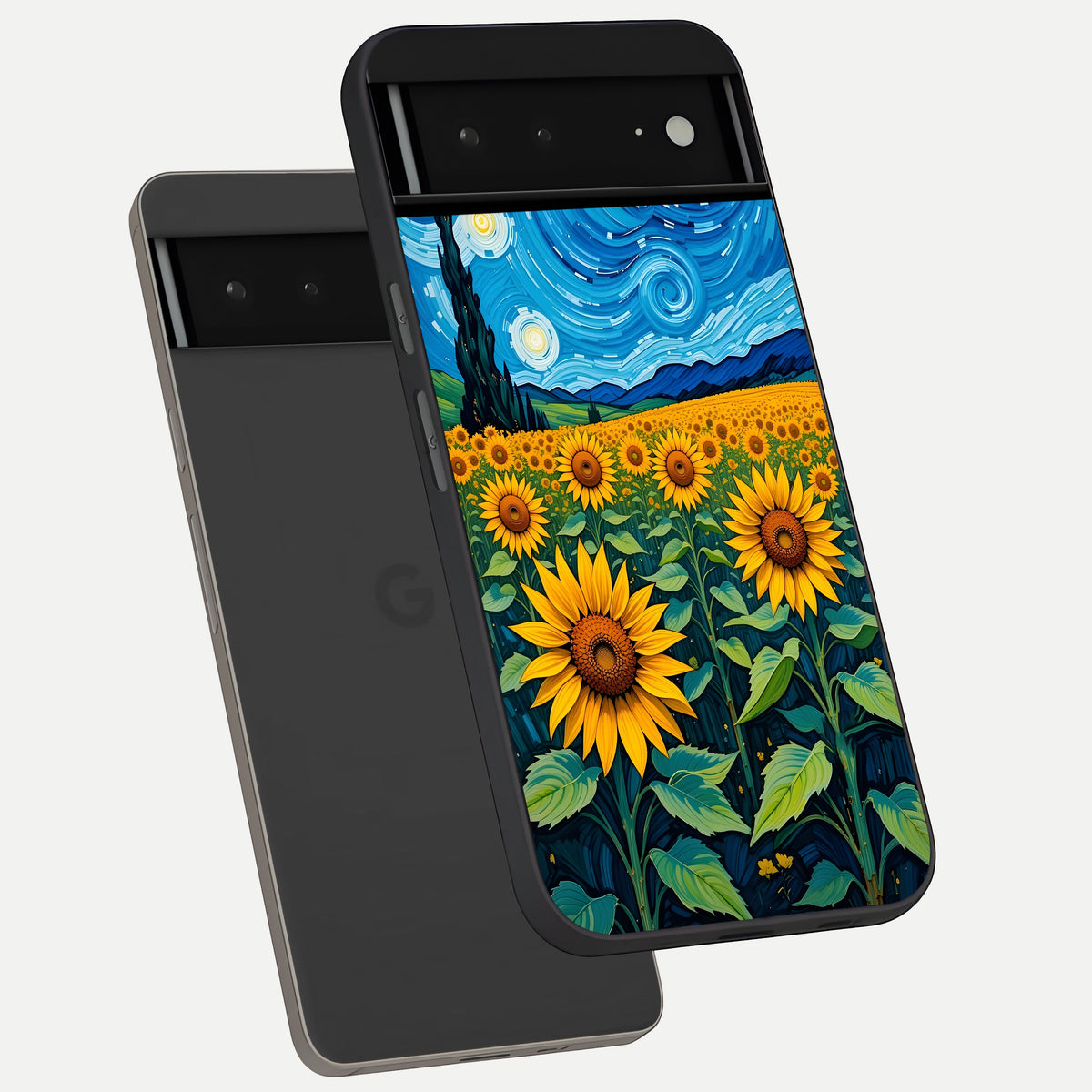  Starry Sunflower Dreams phone case For Google Pixel 6A showing premium glass back cover with detailed artwork