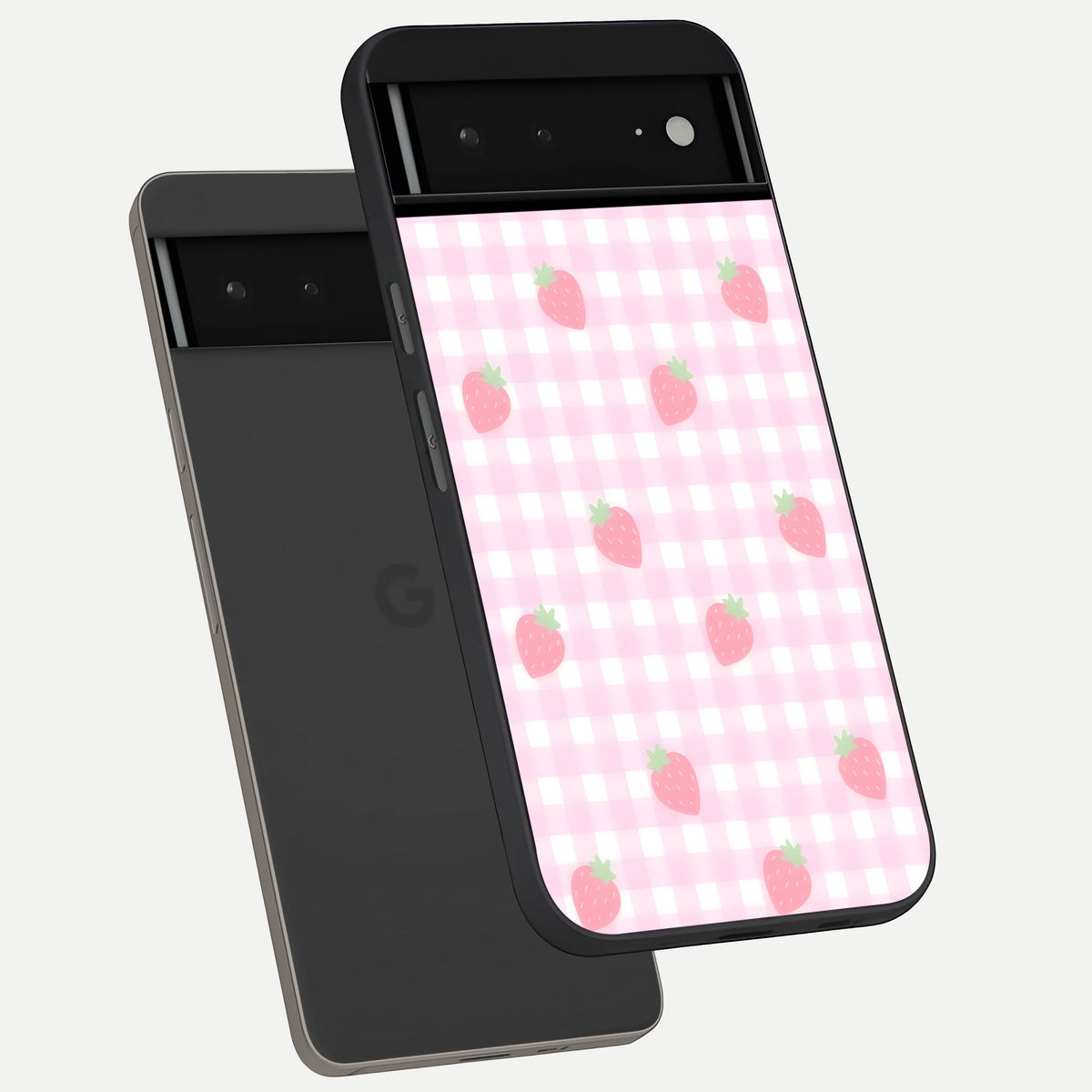  Strawberry Picnic Love phone case For Google Pixel 6A showing premium glass back cover with detailed artwork