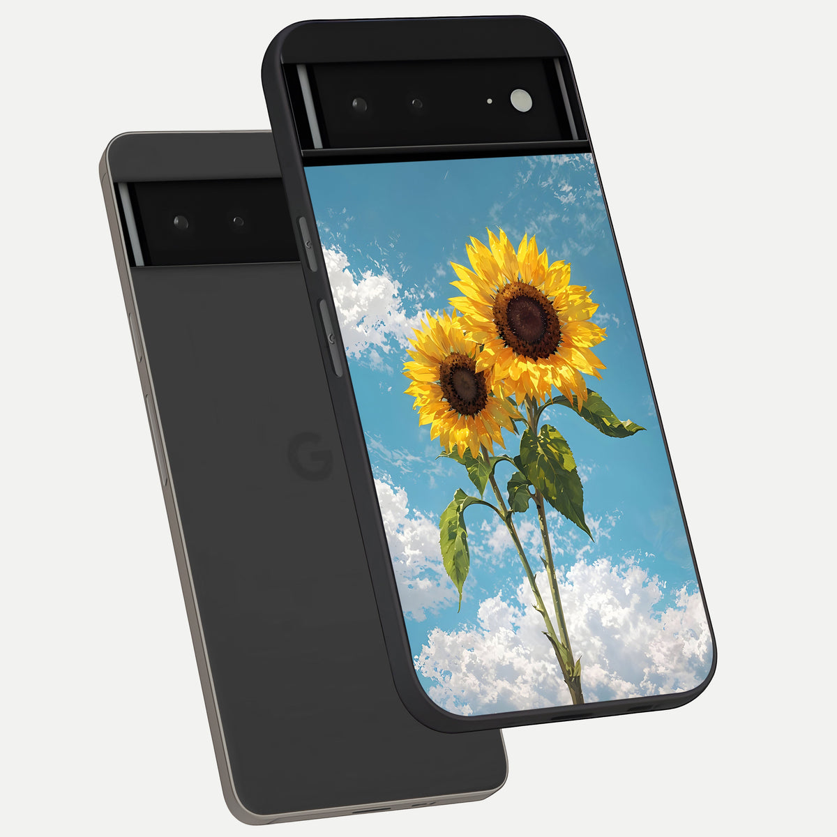  Sunlit Daisy Glow phone case For Google Pixel 6A showing premium glass back cover with detailed artwork