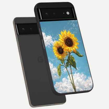  Sunlit Daisy Glow phone case For Google Pixel 6A showing premium glass back cover with detailed artwork