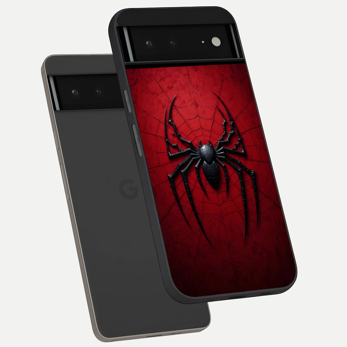  Superhero Web Emblem phone case For Google Pixel 6A showing premium glass back cover with detailed artwork