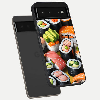  Sushi Food Pattern phone case For Google Pixel 6A showing premium glass back cover with detailed artwork