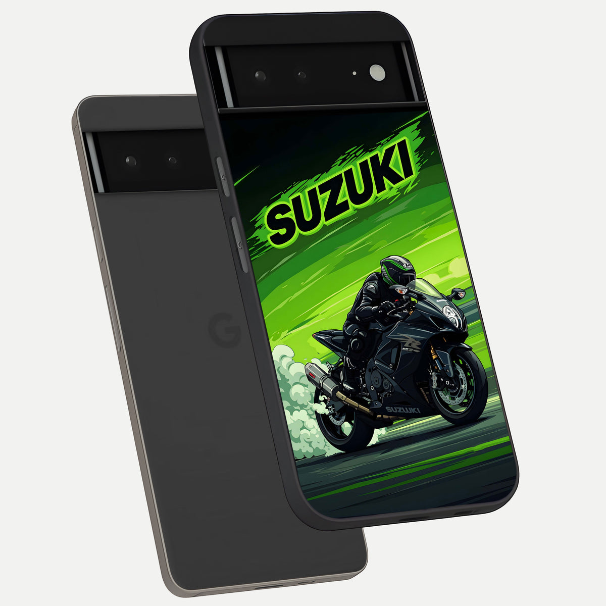  Suzuki Speed Beast phone case For Google Pixel 6A showing premium glass back cover with detailed artwork