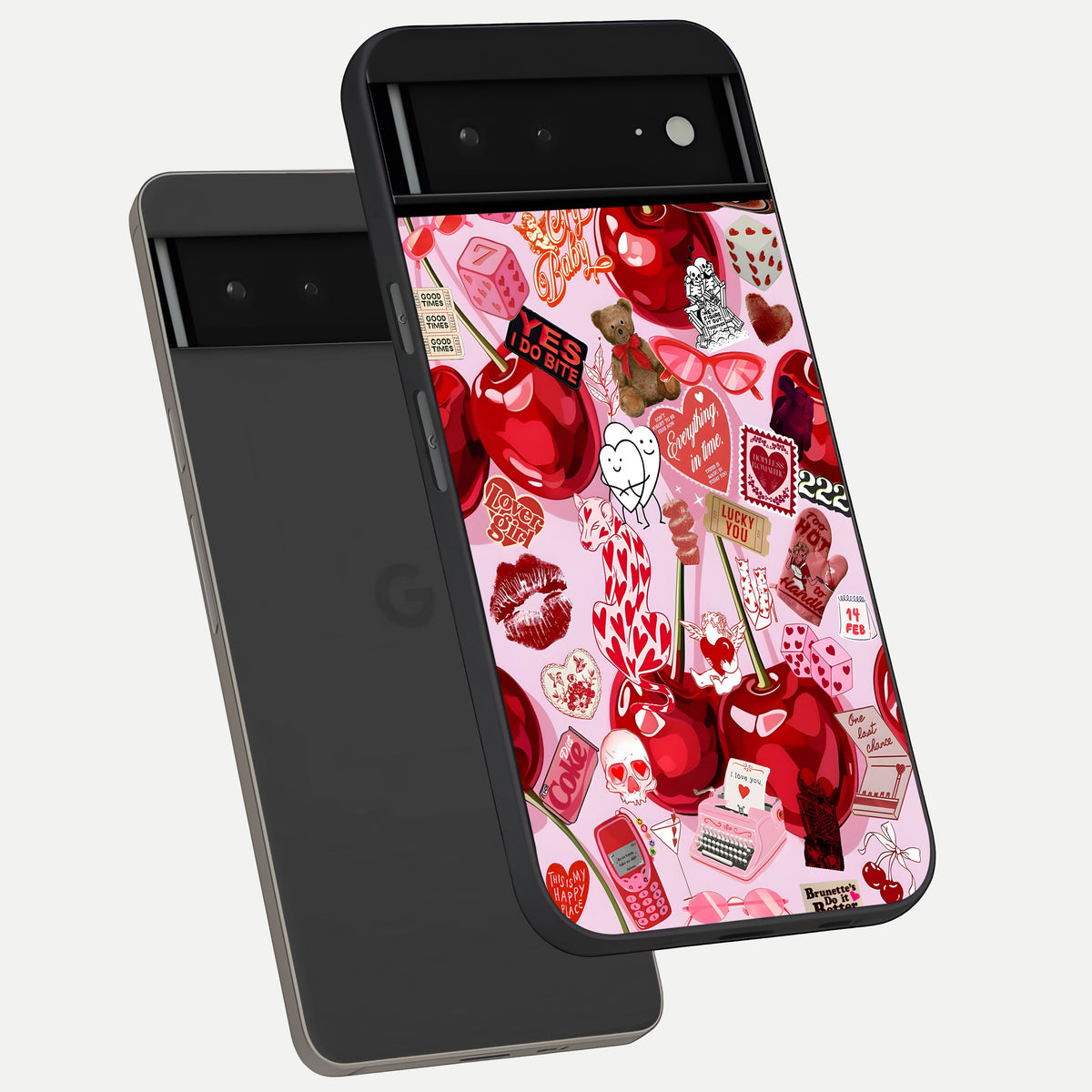  Sweet Cherry Chaos phone case For Google Pixel 6A showing premium glass back cover with detailed artwork