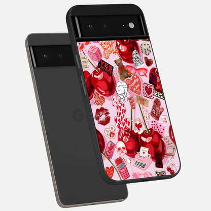  Sweet Cherry Chaos phone case For Google Pixel 6A showing premium glass back cover with detailed artwork