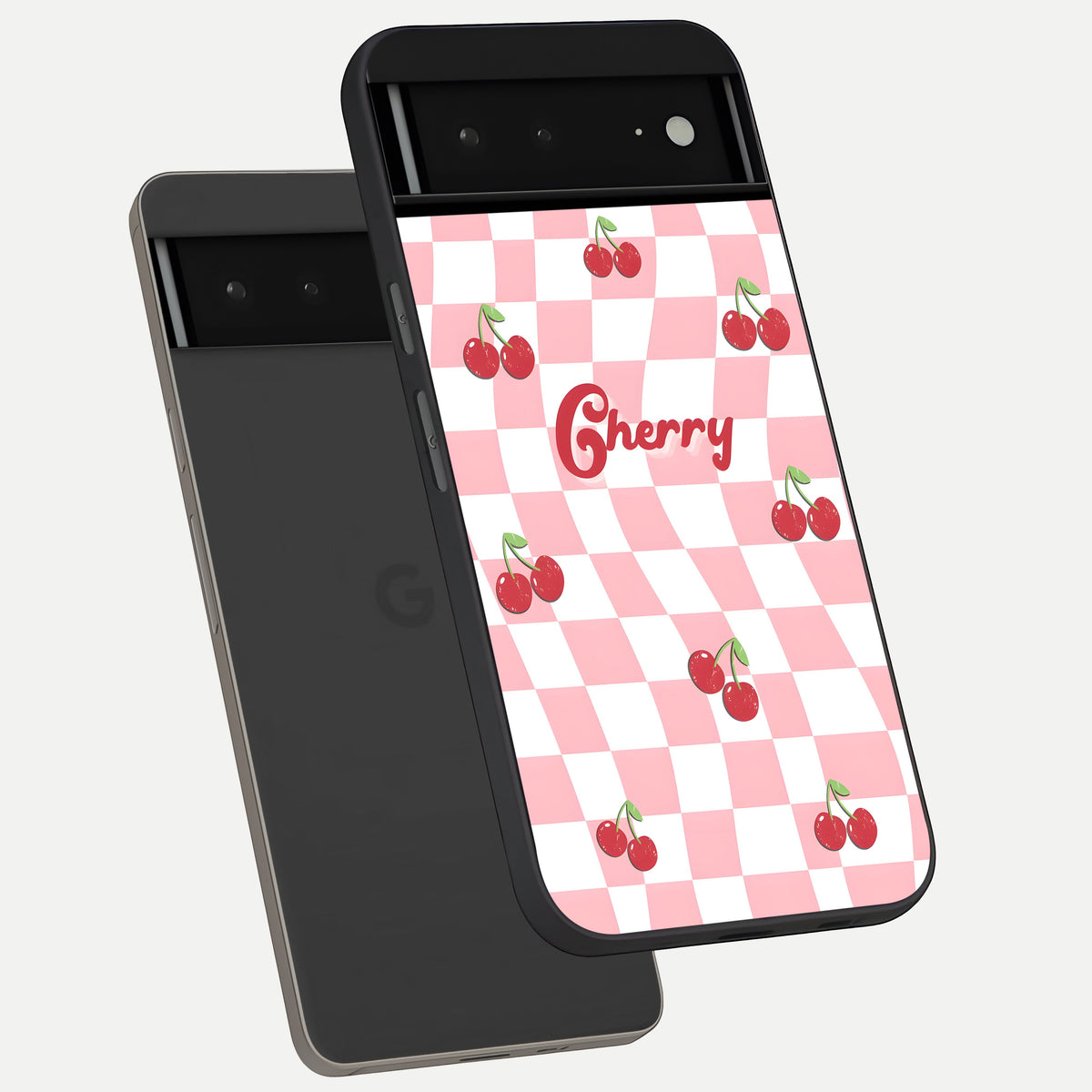  Sweet Cherry Vibes phone case For Google Pixel 6A showing premium glass back cover with detailed artwork
