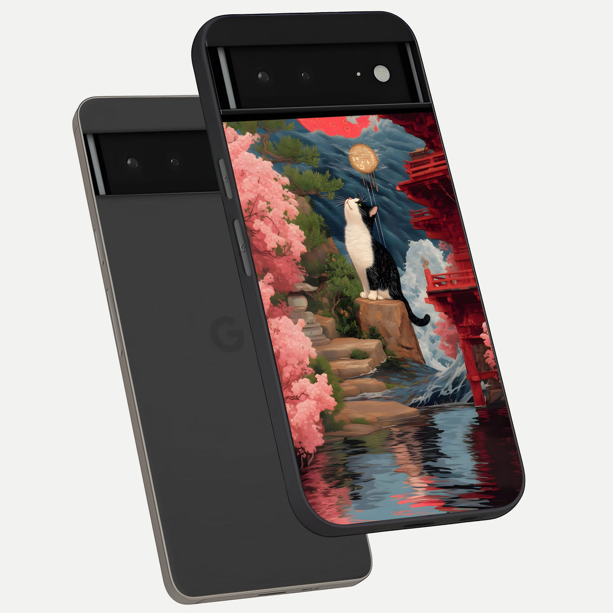  Temple Cat Scenery phone case For Google Pixel 6A showing premium glass back cover with detailed artwork